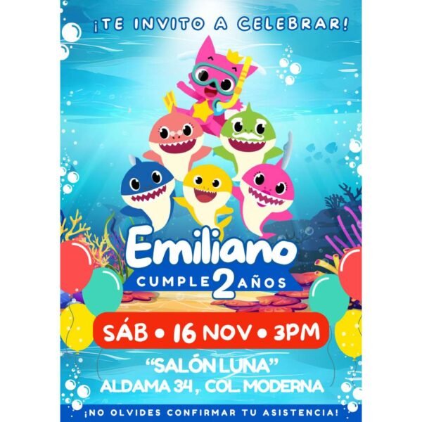 Invitación digital fiesta cumpleaños Baby Shark