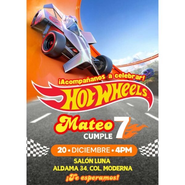 Invitación digital fiesta cumpleaños Hot Wheels