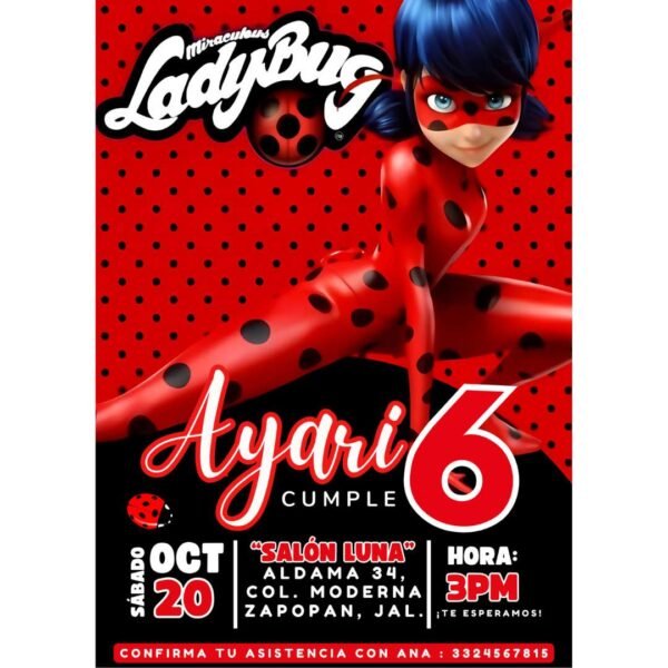 Invitación digital fiesta cumpleaños Ladybug modelo 1