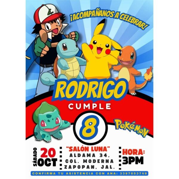 Invitación digital fiesta cumpleaños Pokémon