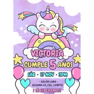 Invitación digital fiesta cumpleaños Unicornio