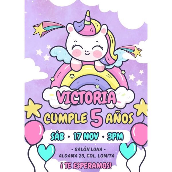 Invitación digital fiesta cumpleaños Unicornio