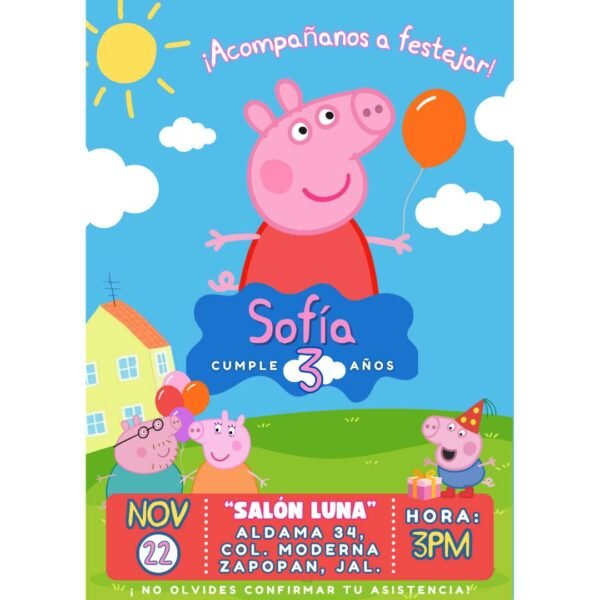 Invitación digital fiesta cumpleaños Peppa Pig modelo 1