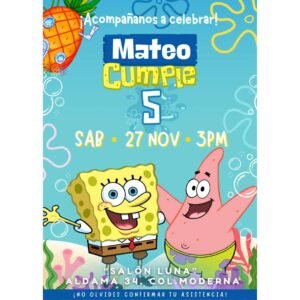 Invitación digital fiesta cumpleaños Bob Esponja modelo 1