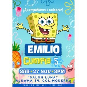 Invitación digital fiesta cumpleaños Bob Esponja modelo 2