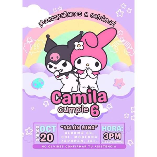 Invitación digital fiesta cumpleaños Kuromi y Melody
